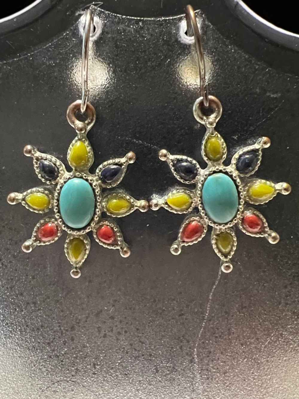 Chaps Flower Drop Earrings Turquoise Red Green Black Silver Vintage Jewelry